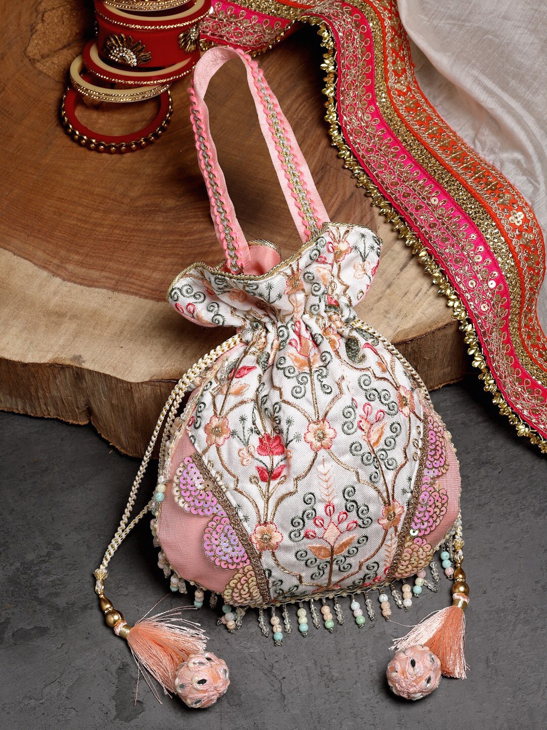 

Anekaant Floral Embroidered Tasselled Potli, Pink
