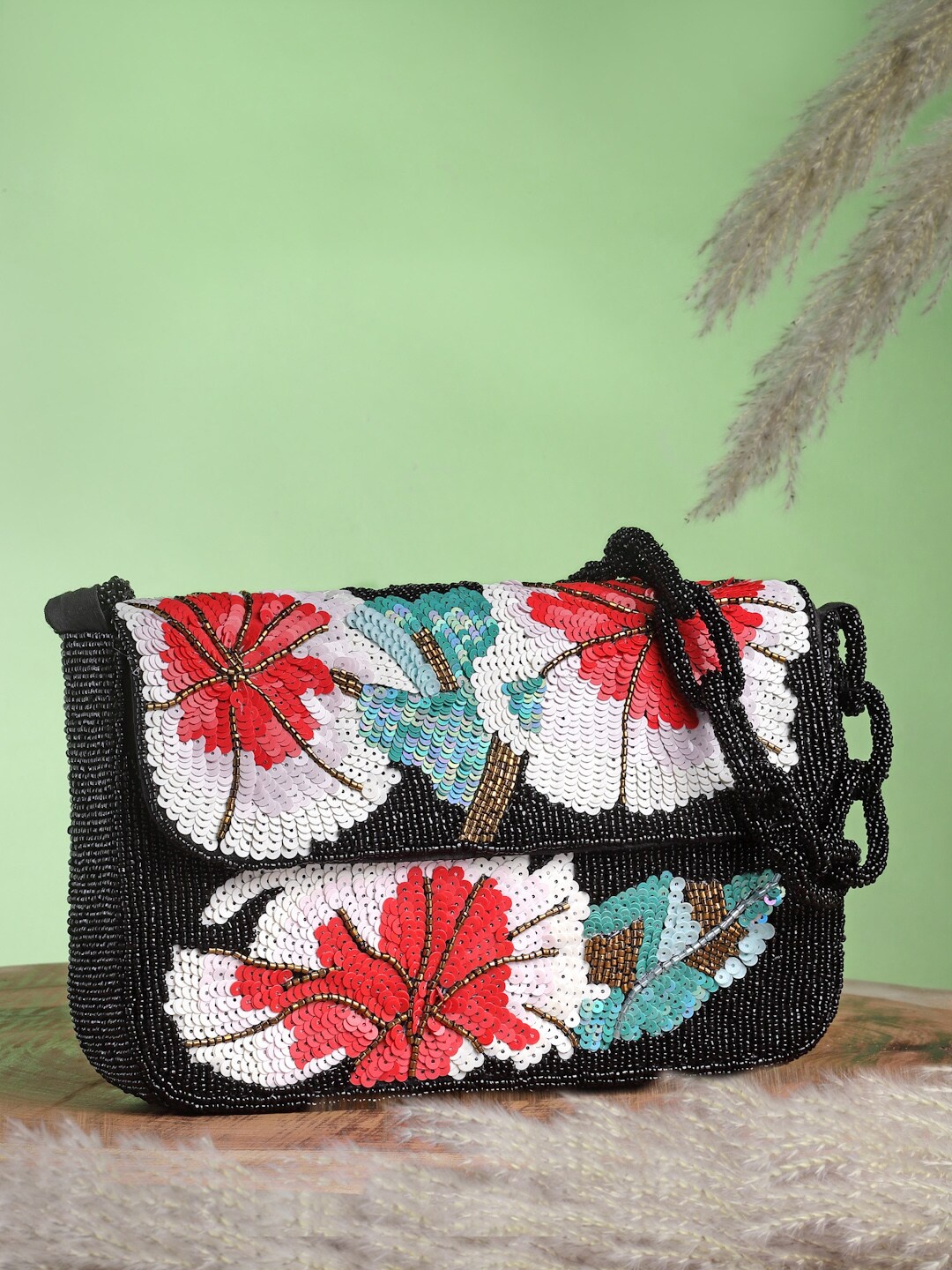 

Anekaant Embellished Foldover Clutch, Black