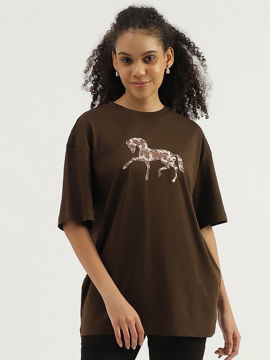 

United Colors of Benetton Animal Printed Round Neck Pure Cotton T-shirt, Brown