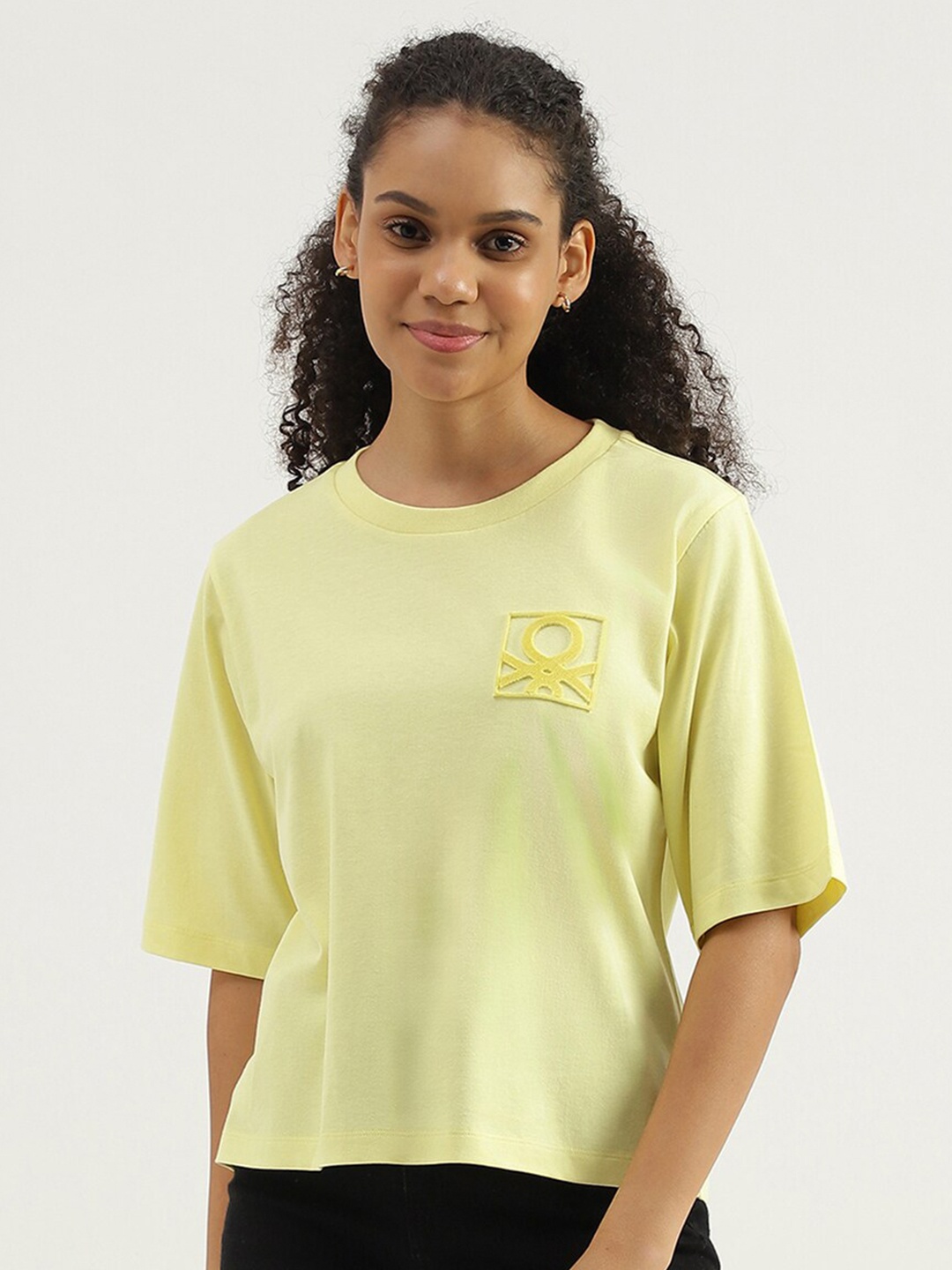 

United Colors of Benetton Drop-Shoulder Sleeves Pure Cotton Casual T-shirt, Yellow
