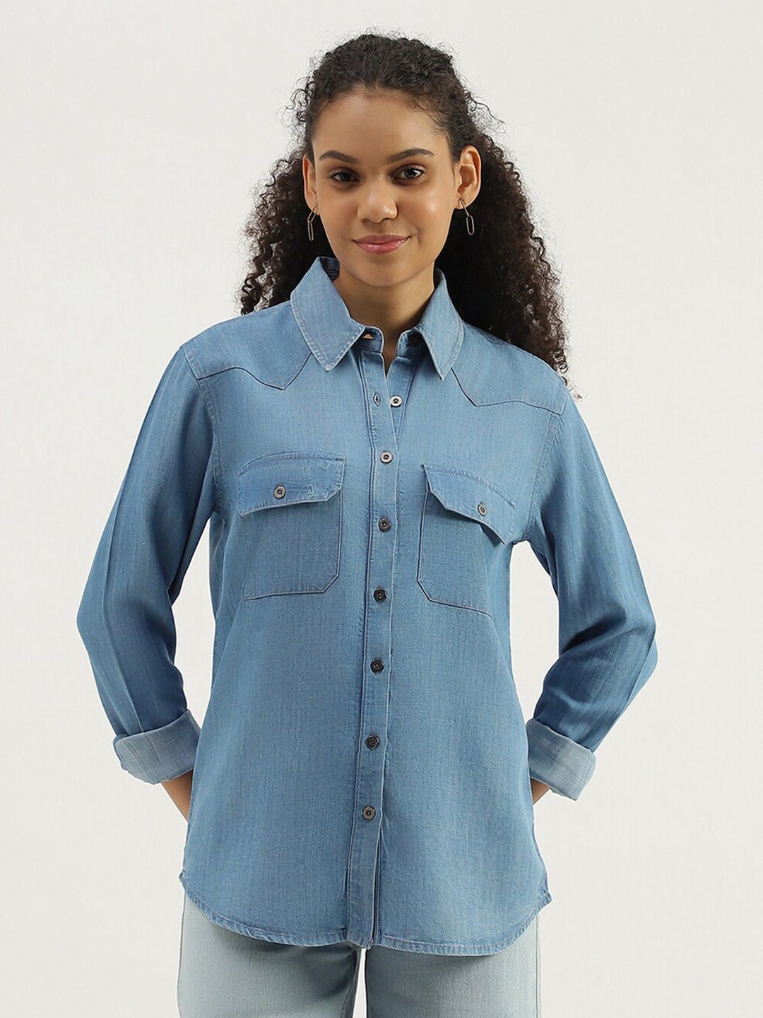 

United Colors of Benetton Spread Collar Curved Casual Shirt, Blue