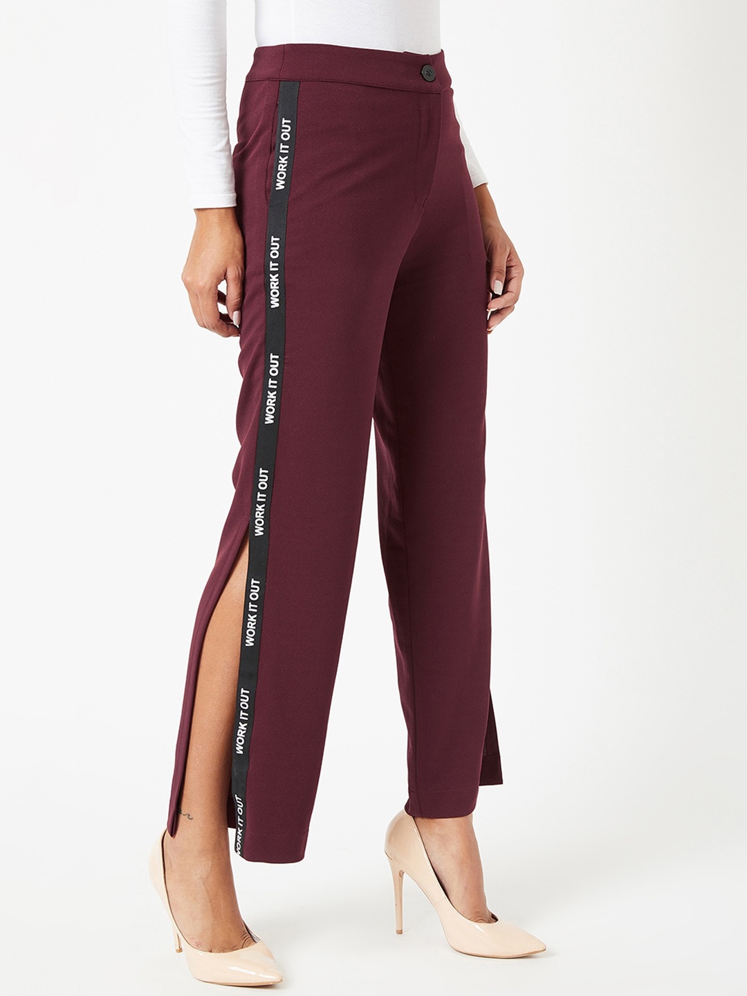 

The Roadster Lifestyle Co. Women Solid Wide Leg Regular Length Side Slitted Trouser, Maroon