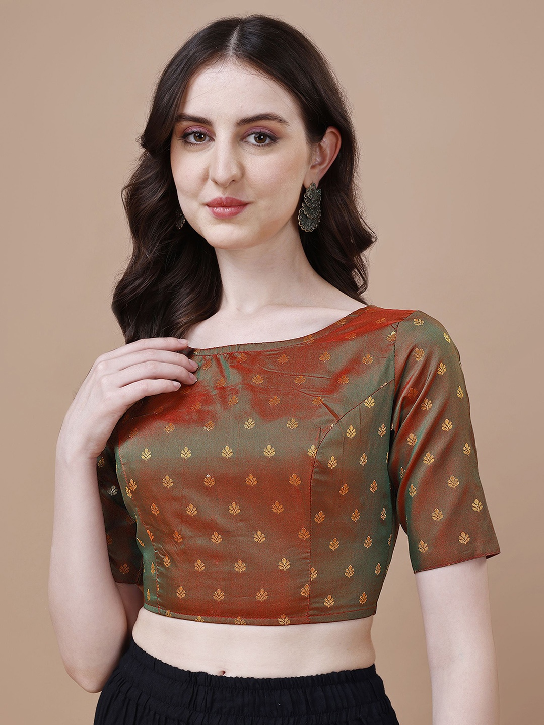 

Oomph! Woven Design Boat-Neck Brocade Saree Blouse, Brown