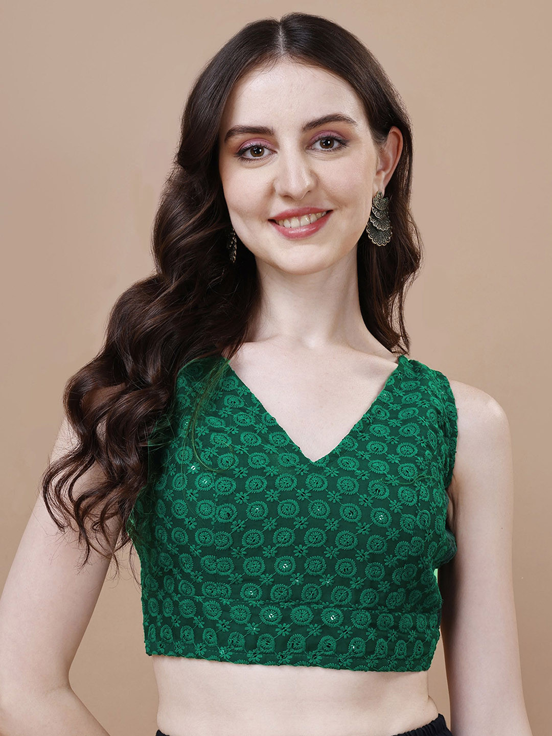 

Oomph! Floral Embroidered With Sequinned Pure Cotton V-Neck Saree Blouse, Green