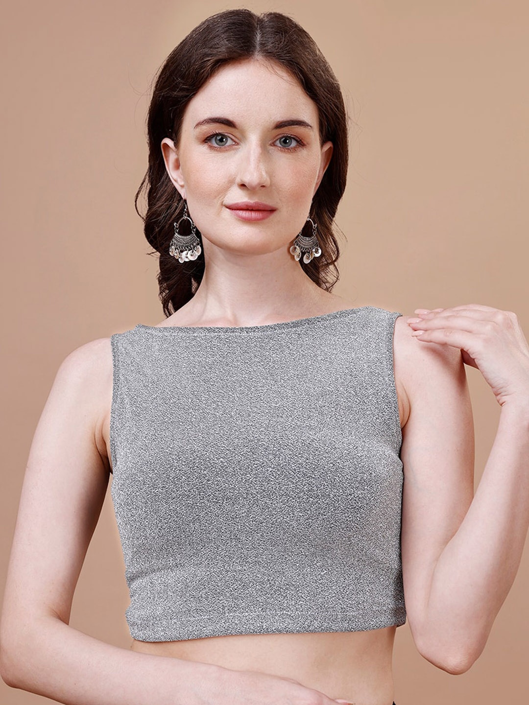 

Oomph! Boat Neck Sleeveless Stretchable Saree Blouse, Grey