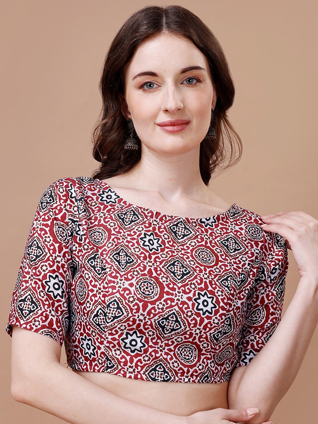 

Oomph! Ethnic Motifs Printed Boat Neck Saree Blouse, Red