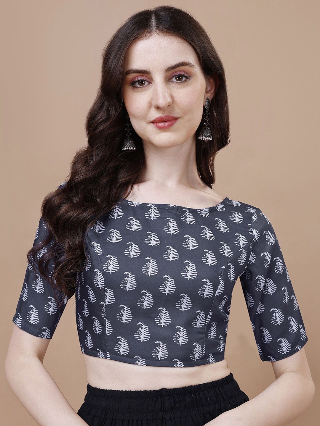 

Oomph! Floral Printed Boat-Neck Saree Blouse, Blue