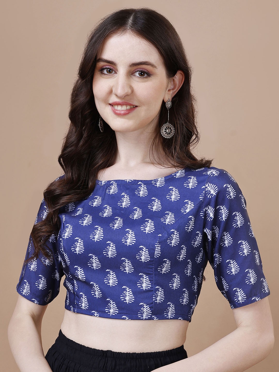 

Oomph! Floral Printed Boat-Neck Saree Blouse, Blue