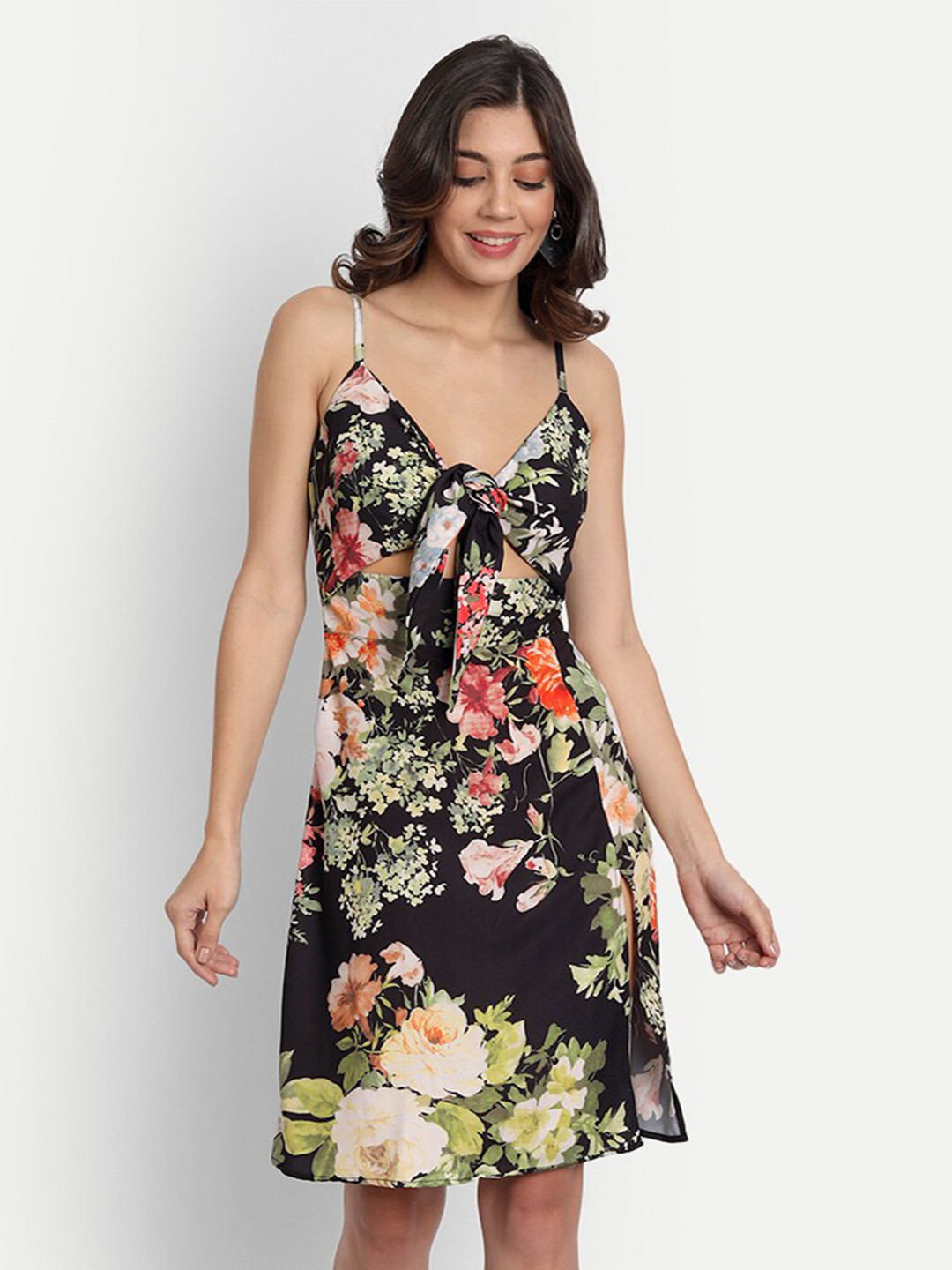 

BELAVINE Floral Print Shoulder Straps A-Line Casual Dress, Black