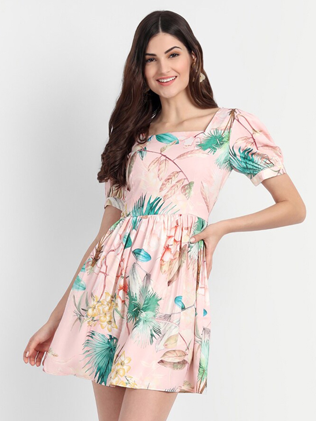 

BELAVINE Tropical Print Puff Sleeve Fit & Flare Mini Dress, Pink