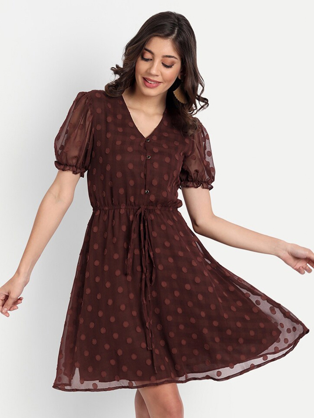 

BELAVINE Polka Dot Self Design Puff Sleeve Fit & Flare Dress, Brown