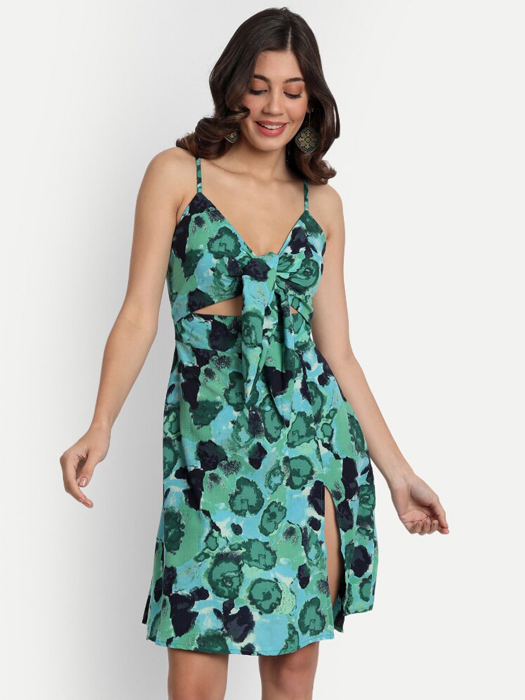 

BELAVINE Floral Print Shoulder Strap Cut-Outs Fit & Flare Dress, Green