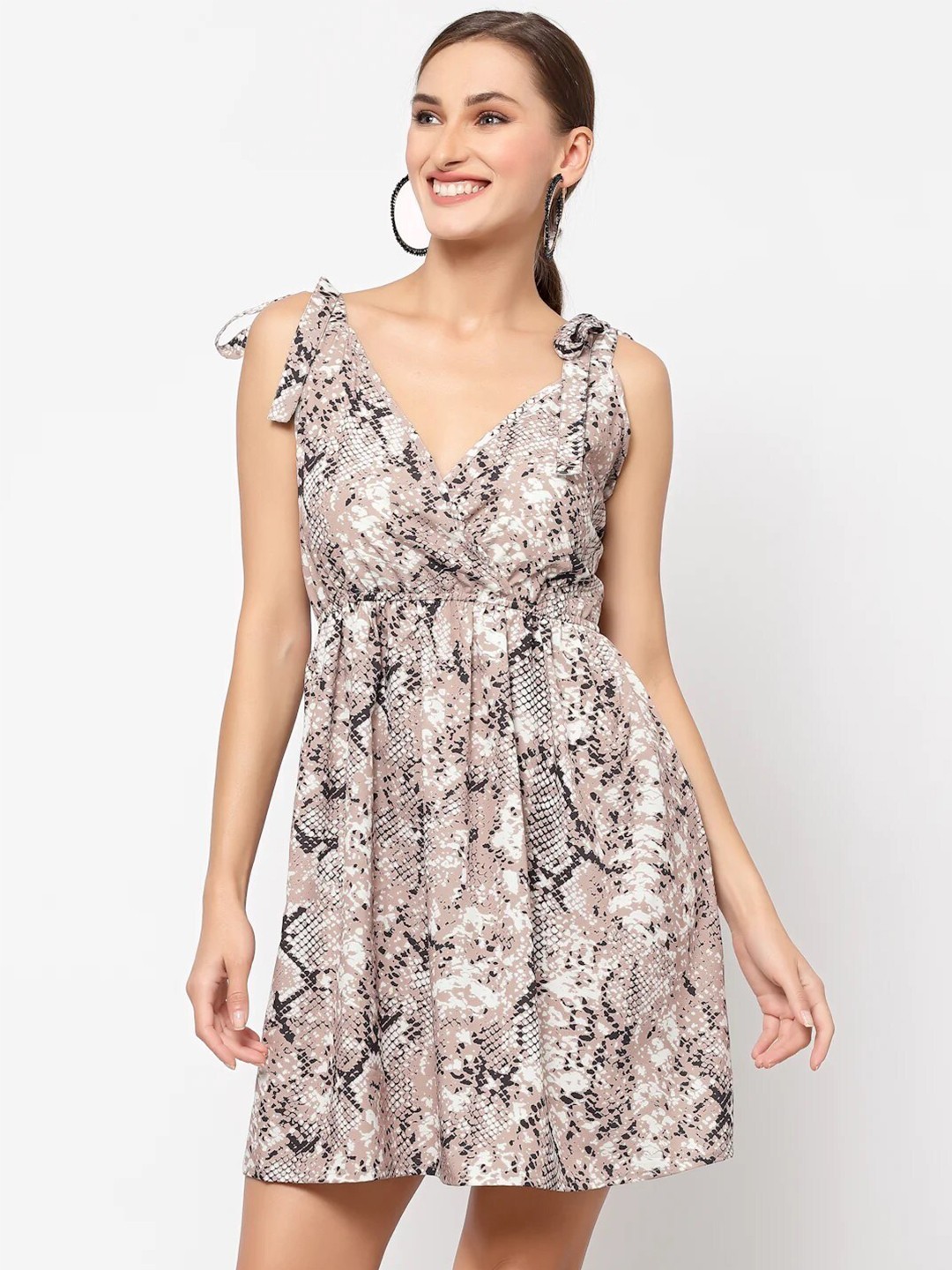 

BELAVINE Abstract Printed Fit & Flare Dress, Beige