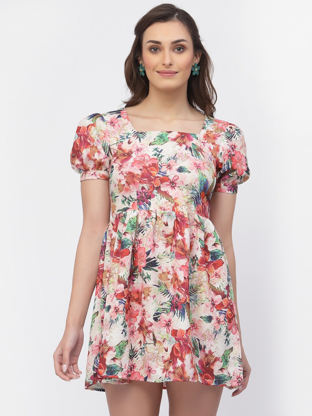 

BELAVINE Floral Print Puff Sleeve Fit & Flare Mini Dress, Multi