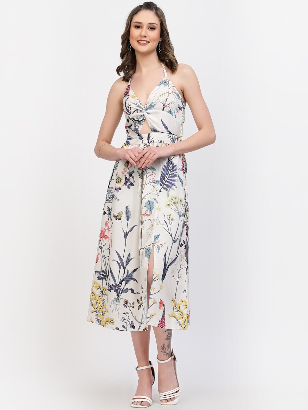 

BELAVINE Floral Printed Cut-Outs A-line Midi Dress, Off white