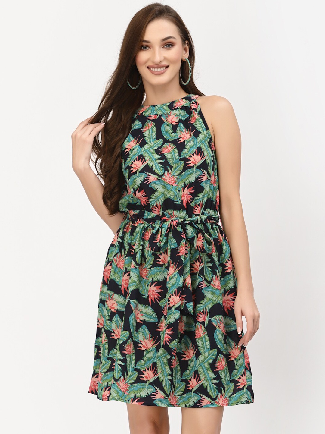 

BELAVINE Floral Print Round Neck Sleeveless Opaque Fit & Flare Casual Dress With A Belt, Green