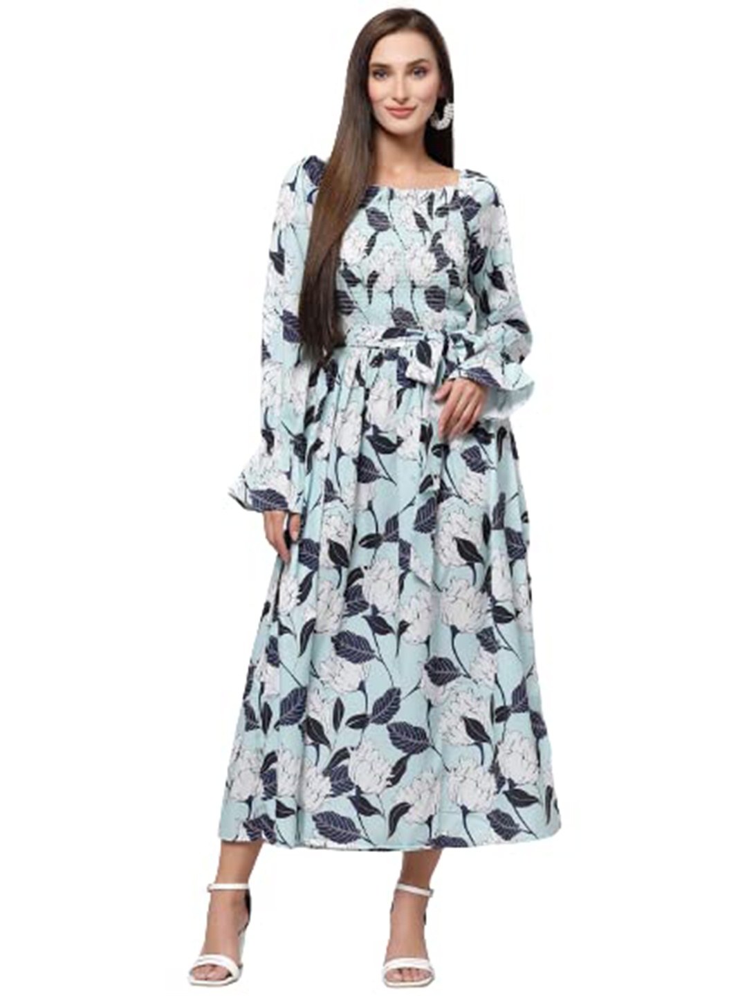 

BELAVINE Floral Print Smocked Puff Sleeve Fit & Flare Maxi Dress, Blue