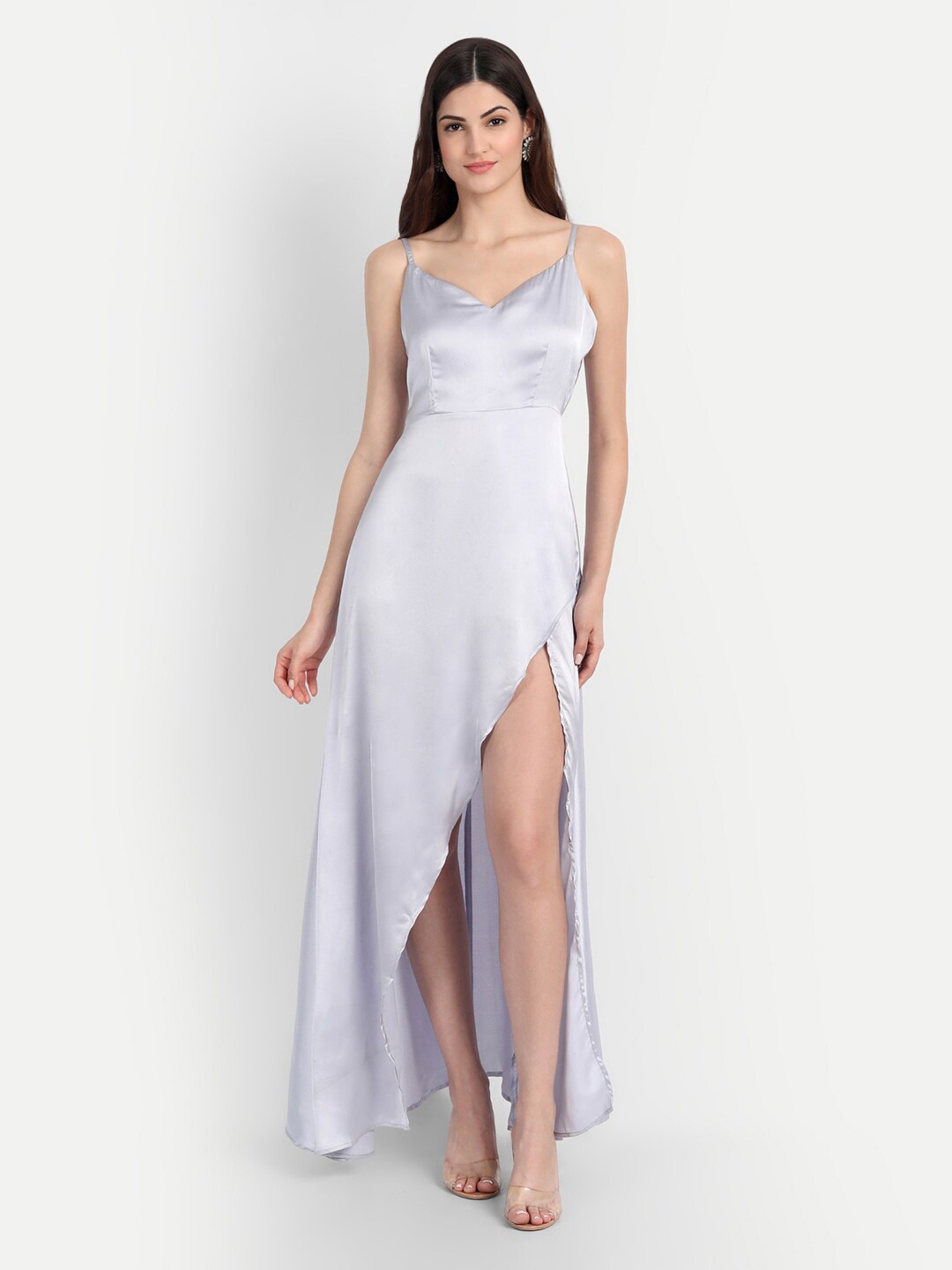 

BELAVINE Shoulder Straps Cut-Outs Satin Maxi Dress, Silver