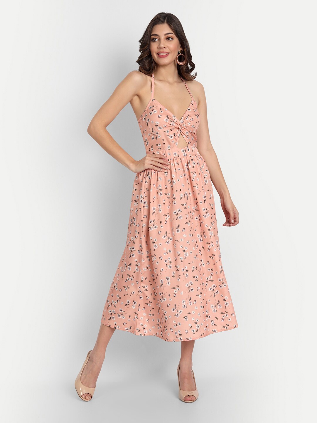 

BELAVINE Floral Printed Shoulder Straps Fit & Flare Midi Dress, Peach