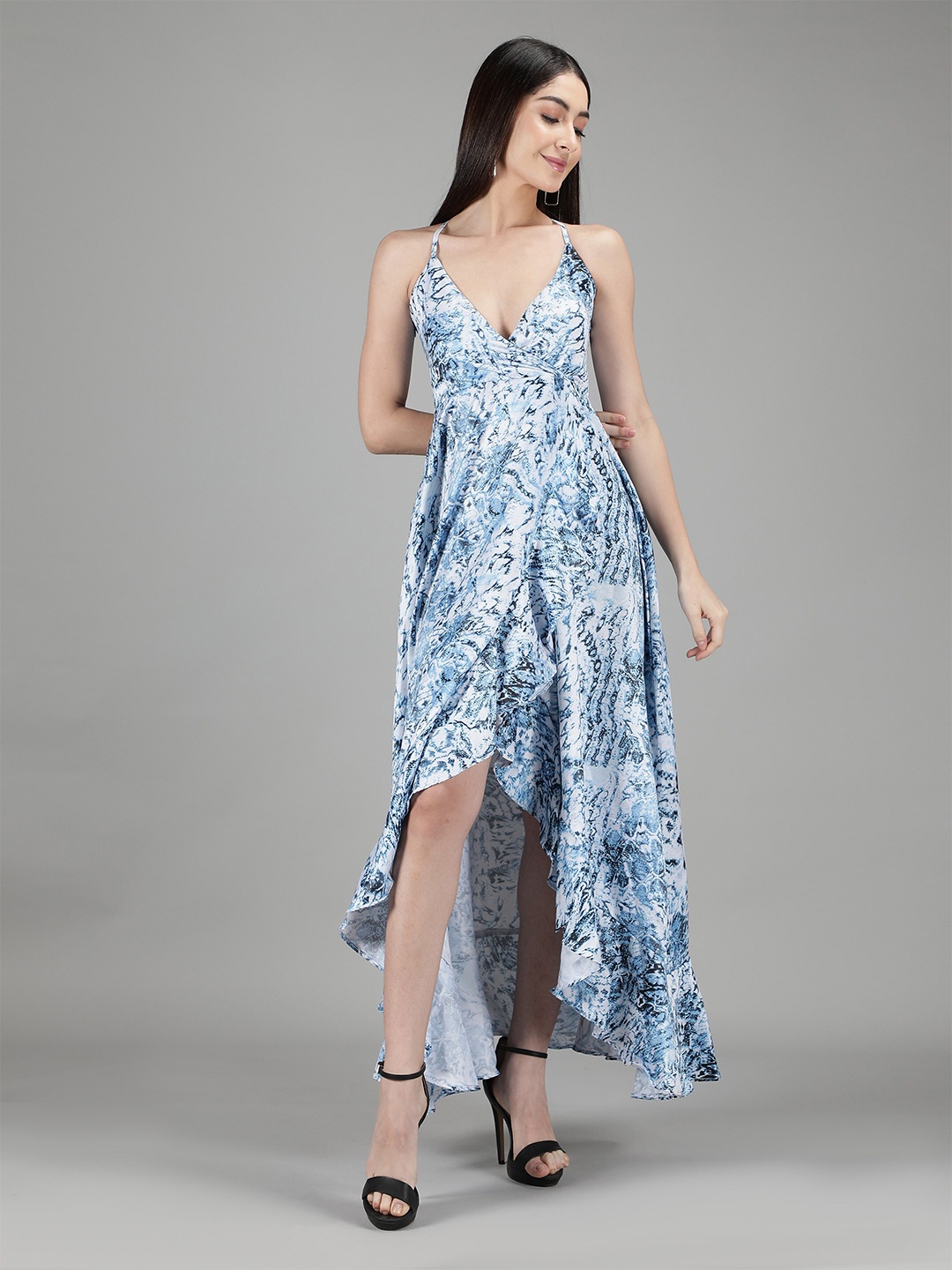 

BELAVINE Print Shoulder Straps Neck Opaque Fit & Flare Maxi Casual Dress, Blue