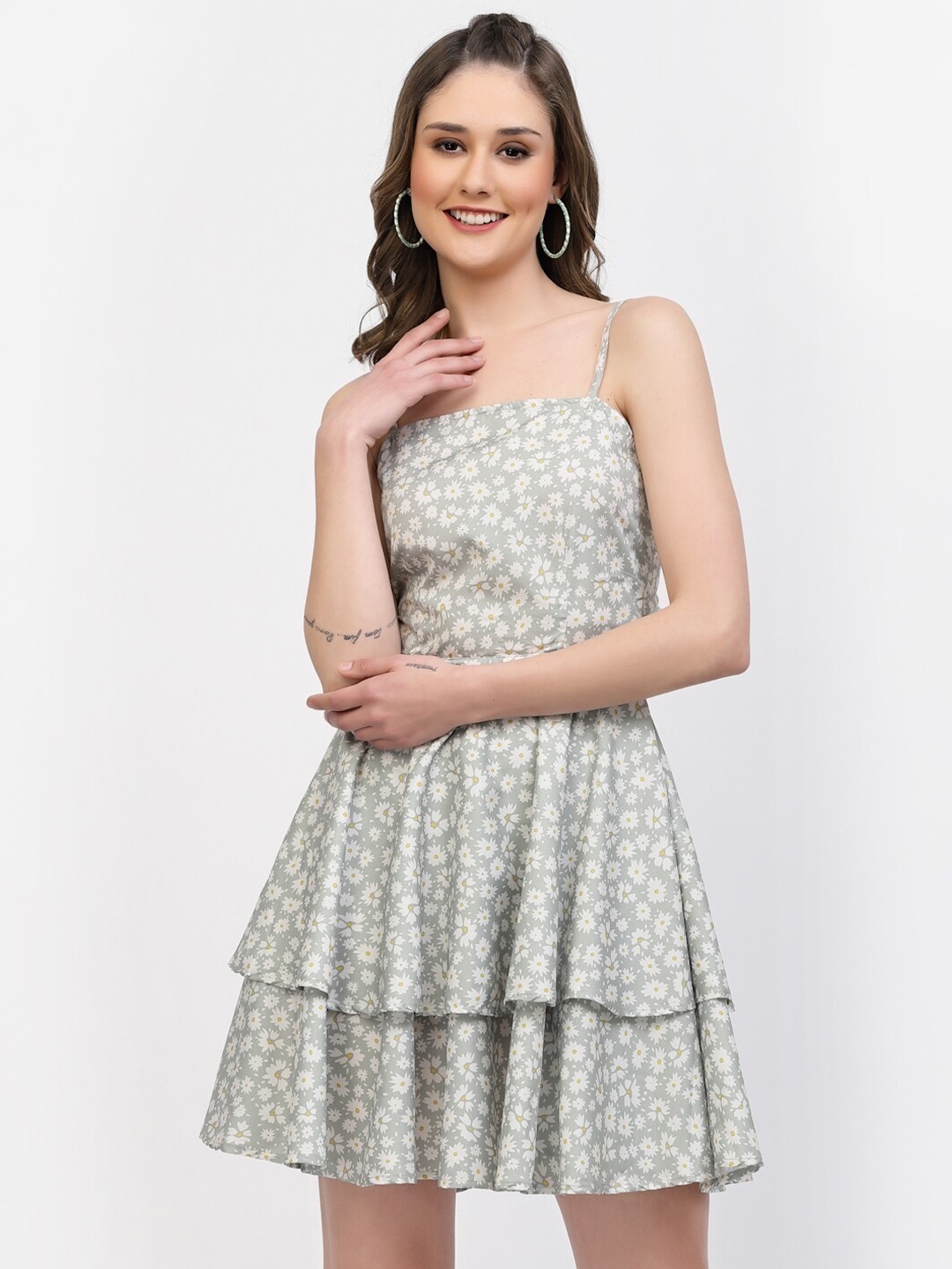 

BELAVINE Floral Print Shoulder Straps Opaque Fit & Flare Casual Dress, Grey