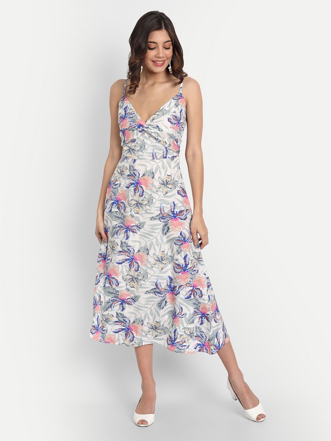 

BELAVINE Floral Printed Shoulder Straps A-Line Midi Dress, White