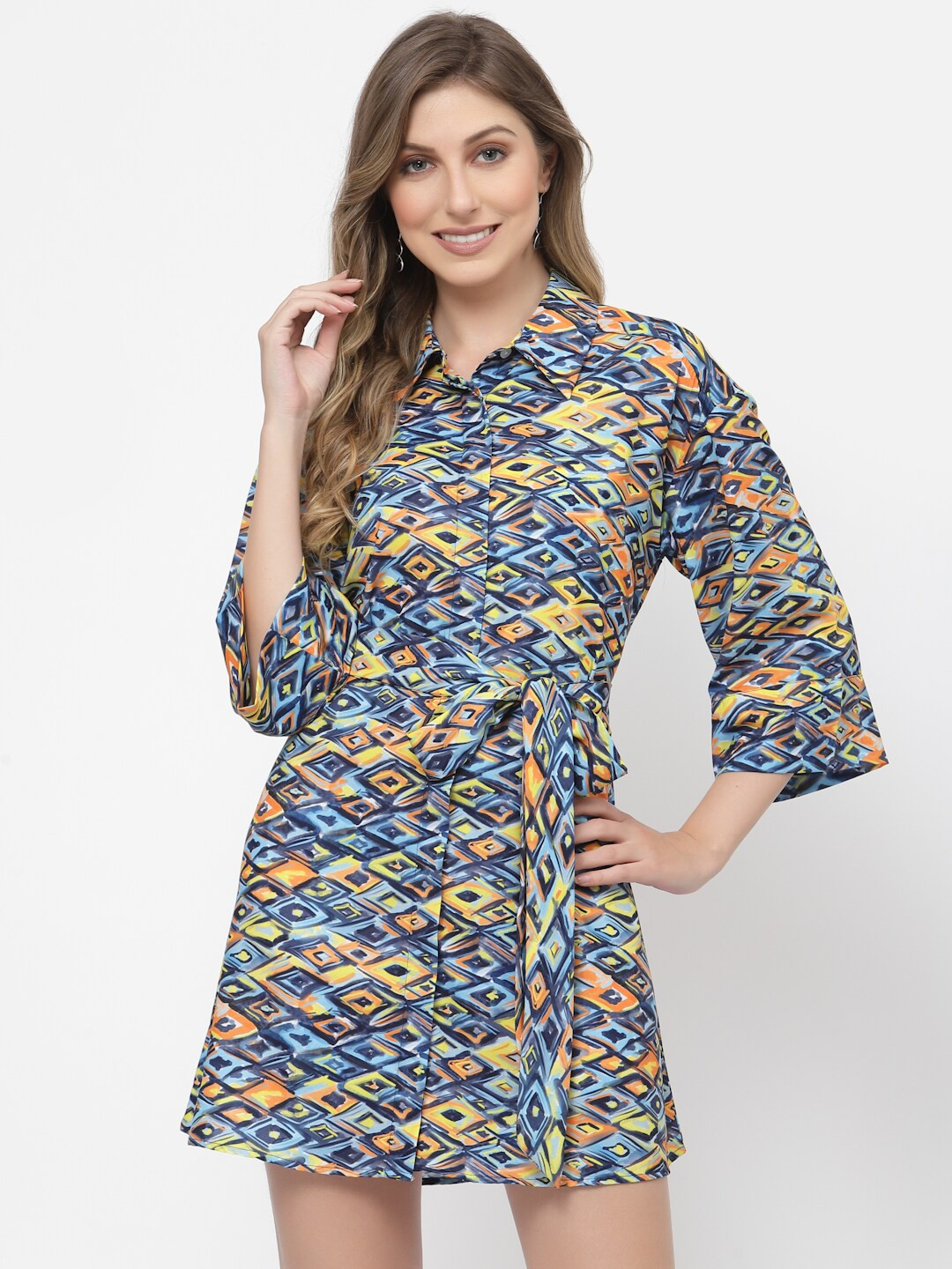 

BELAVINE Abstract Printed Shirt Mini Dress, Blue