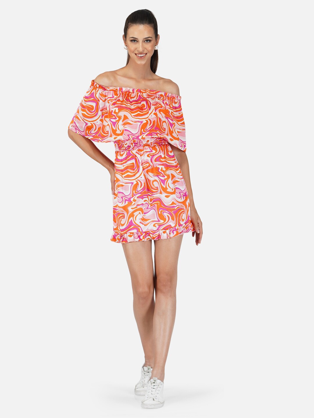 

BELAVINE Floral Print Off-Shoulder A-Line Mini Casual Dress, Orange