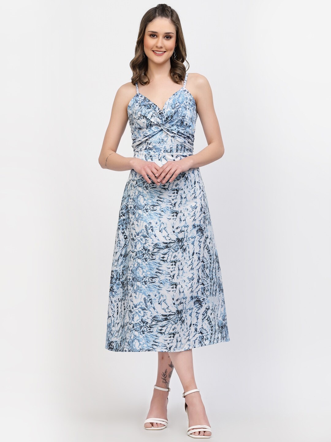 

BELAVINE Abstract Printed Shoulder Straps A-Line Midi Dress, Blue