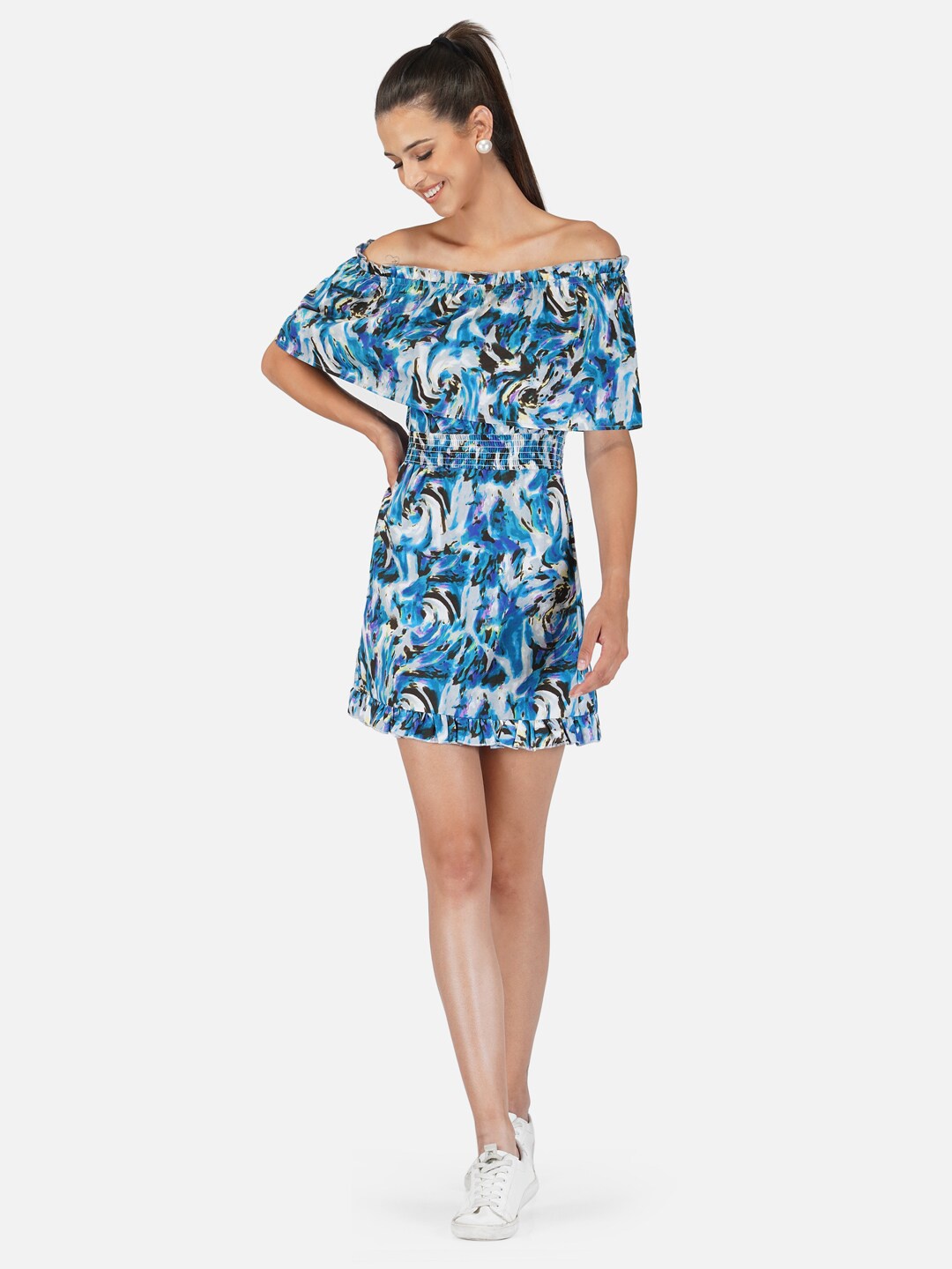 

BELAVINE Abstract Printed Off-Shoulder Fit & Flare Dress, Blue