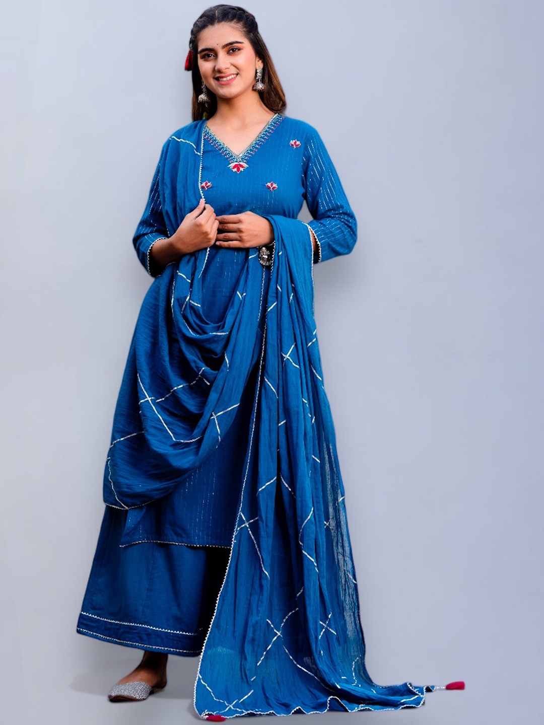 

ArtiZenWeaves Embroidered V-Neck Regular Sleeves Gotta Patti Kurta With Palazzos & Dupatta, Blue