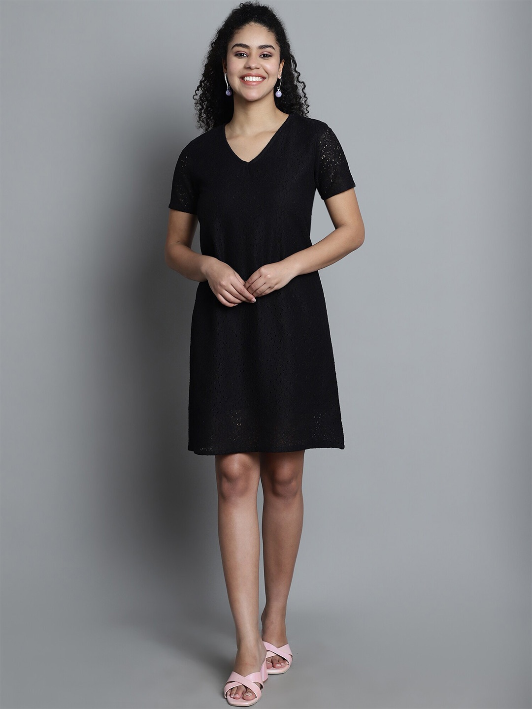 

Dressitude V-Neck Short Sleeves Cotton A-Line Dress, Black