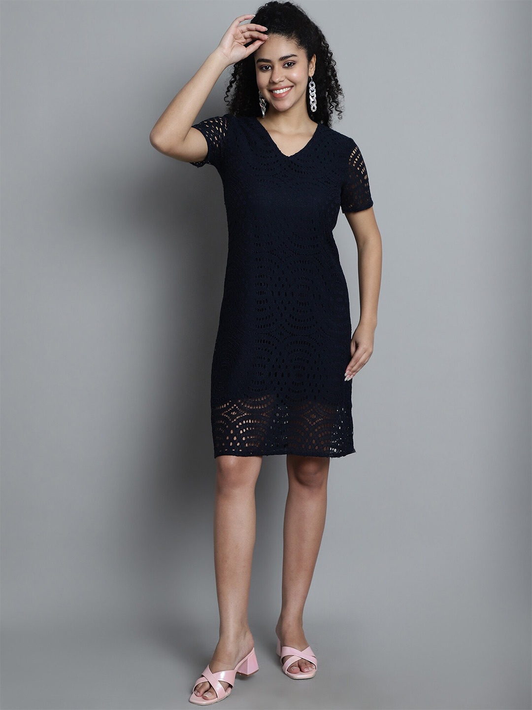 

Dressitude V-Neck Short Sleeves Sheath Cotton Dress, Navy blue
