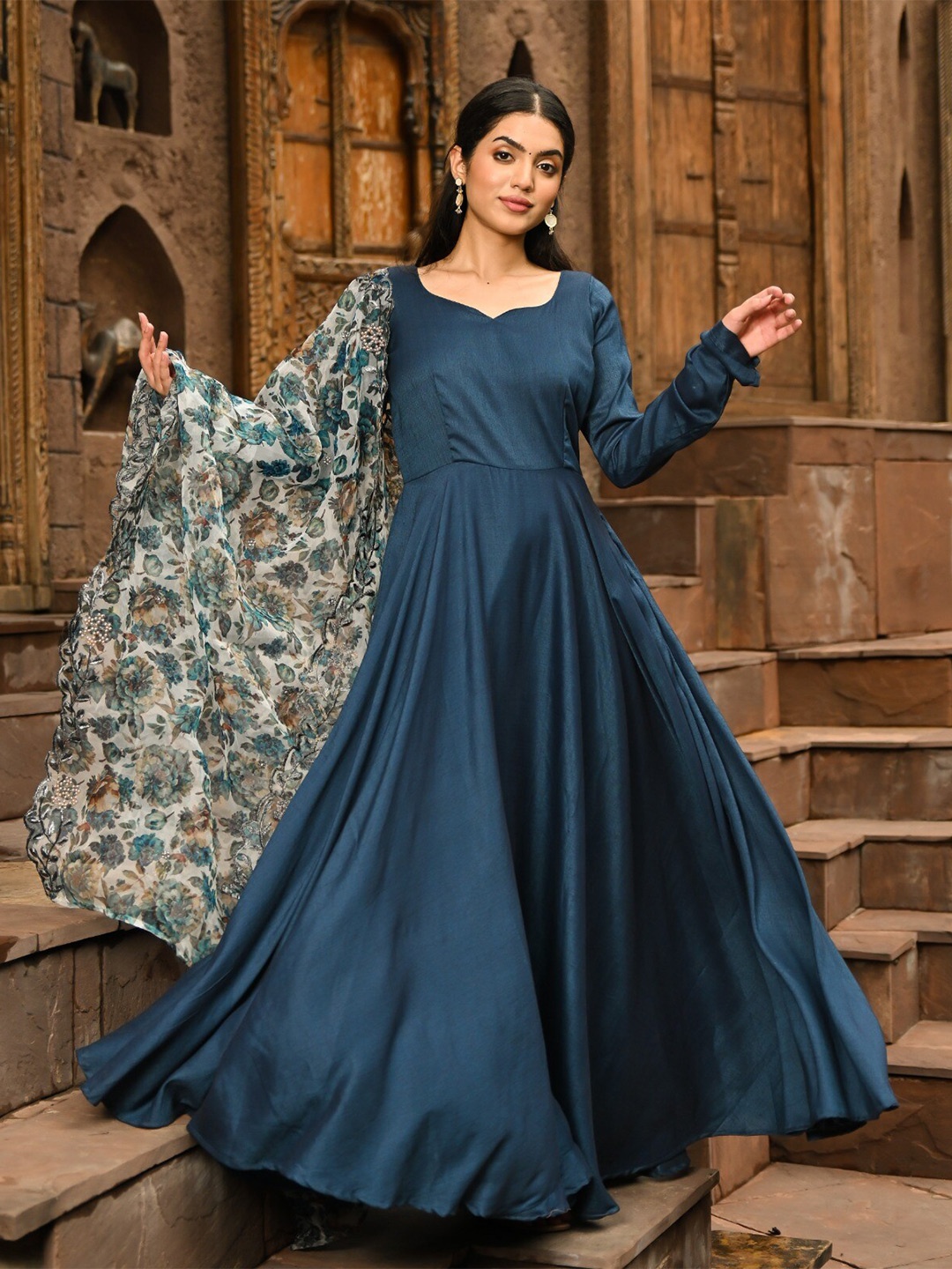 

Vinya Tie-Ups Maxi Fit & Flare Dress With Duppatta, Teal