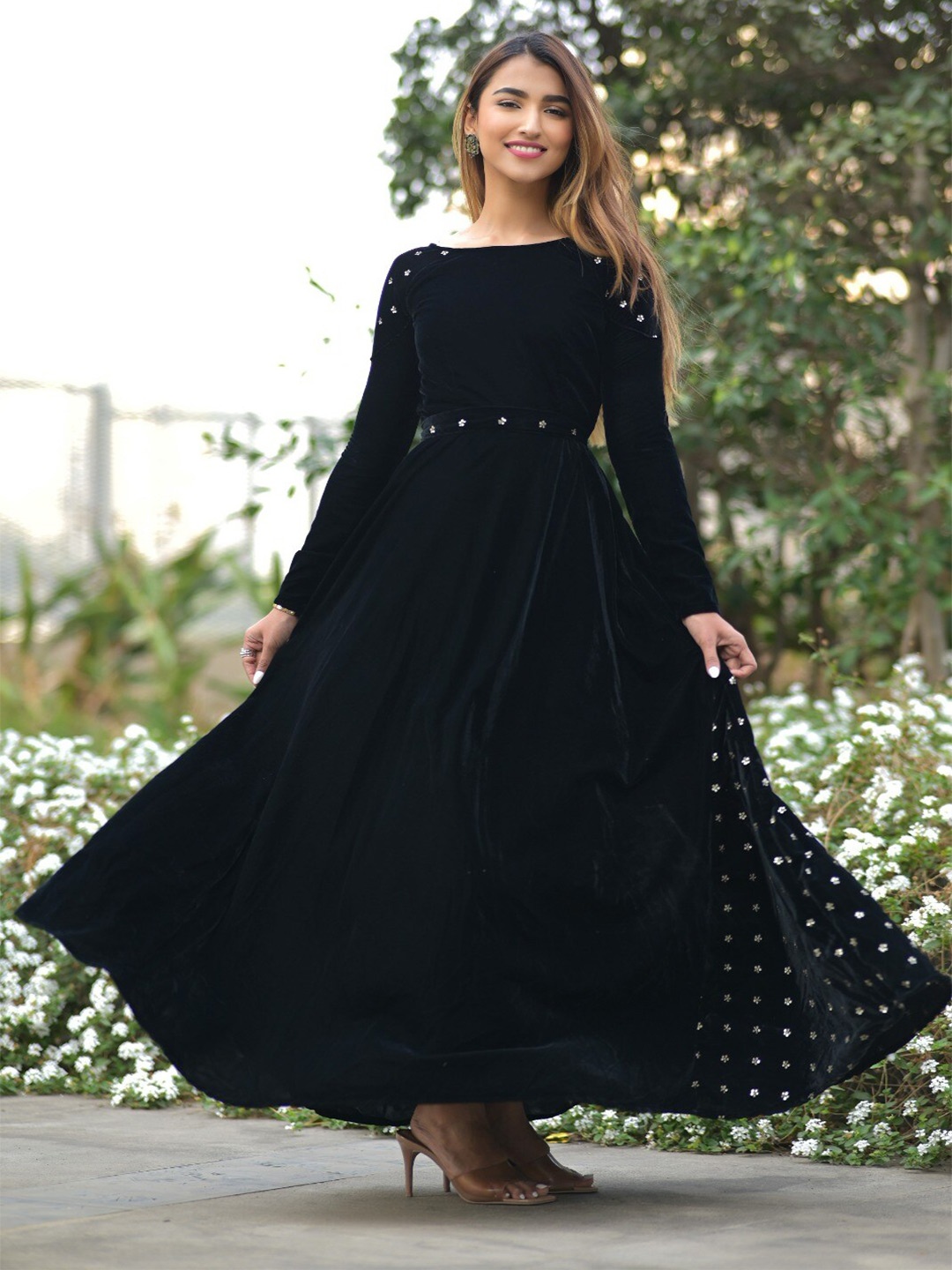 

Vinya Floral Embellished Velvet Maxi Fit & Flare Dress, Black