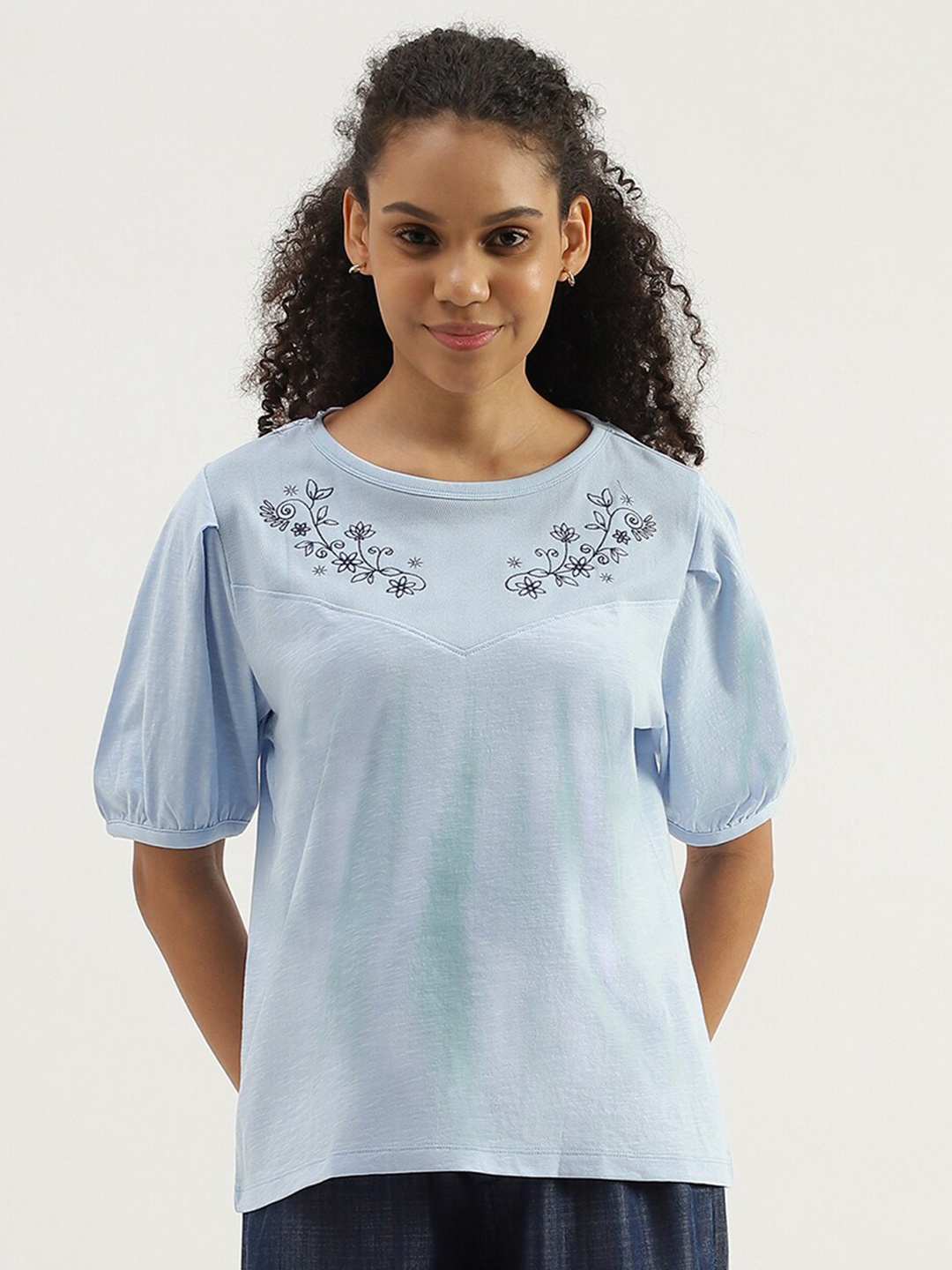 

United Colors of Benetton Floral Embroidered Puff Sleeves Pure Cotton Top, Blue