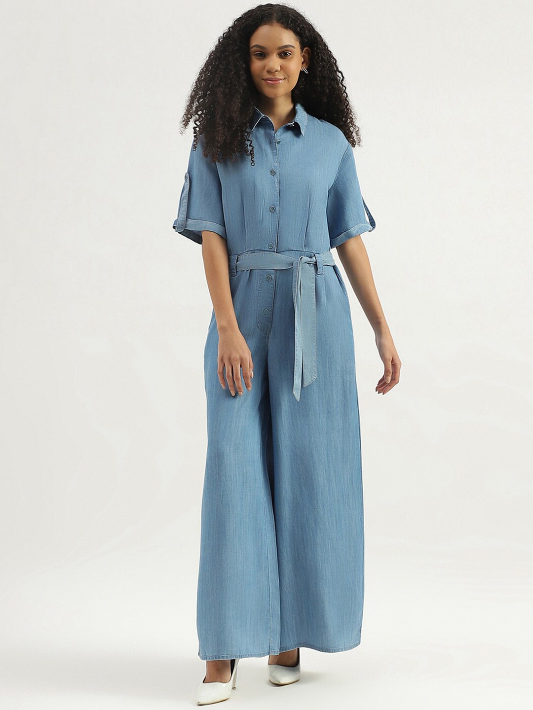 

United Colors of Benetton Shirt Collar Waist Tie-Ups Culotte Jumpsuit, Blue