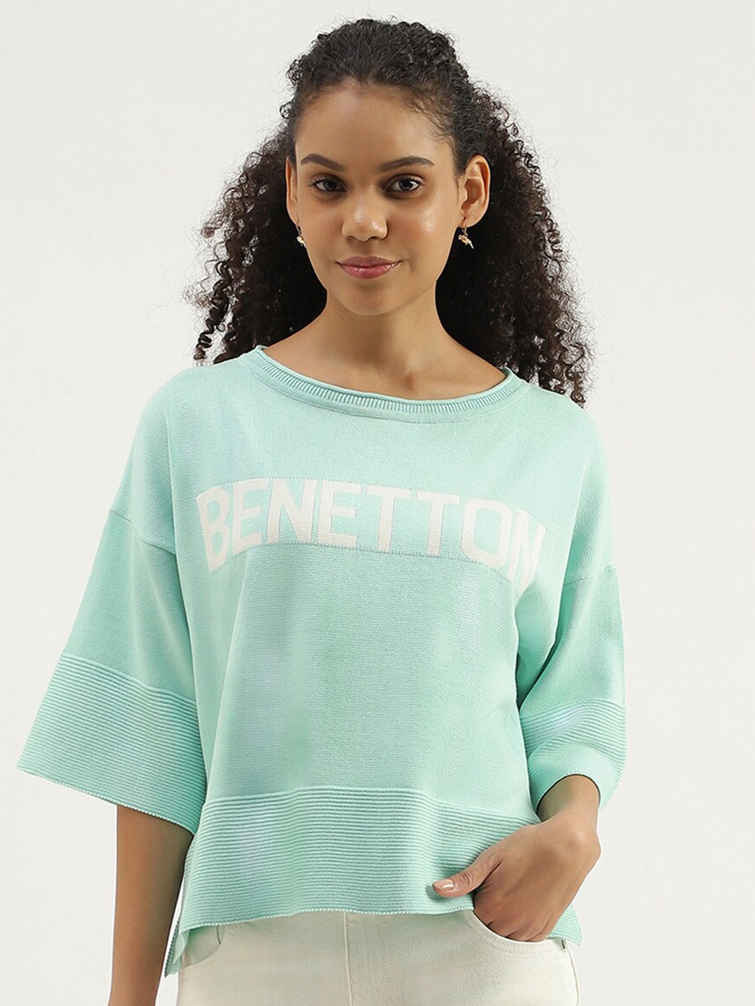 

United Colors of Benetton Typography Printed Cotton Boxy Top, Green