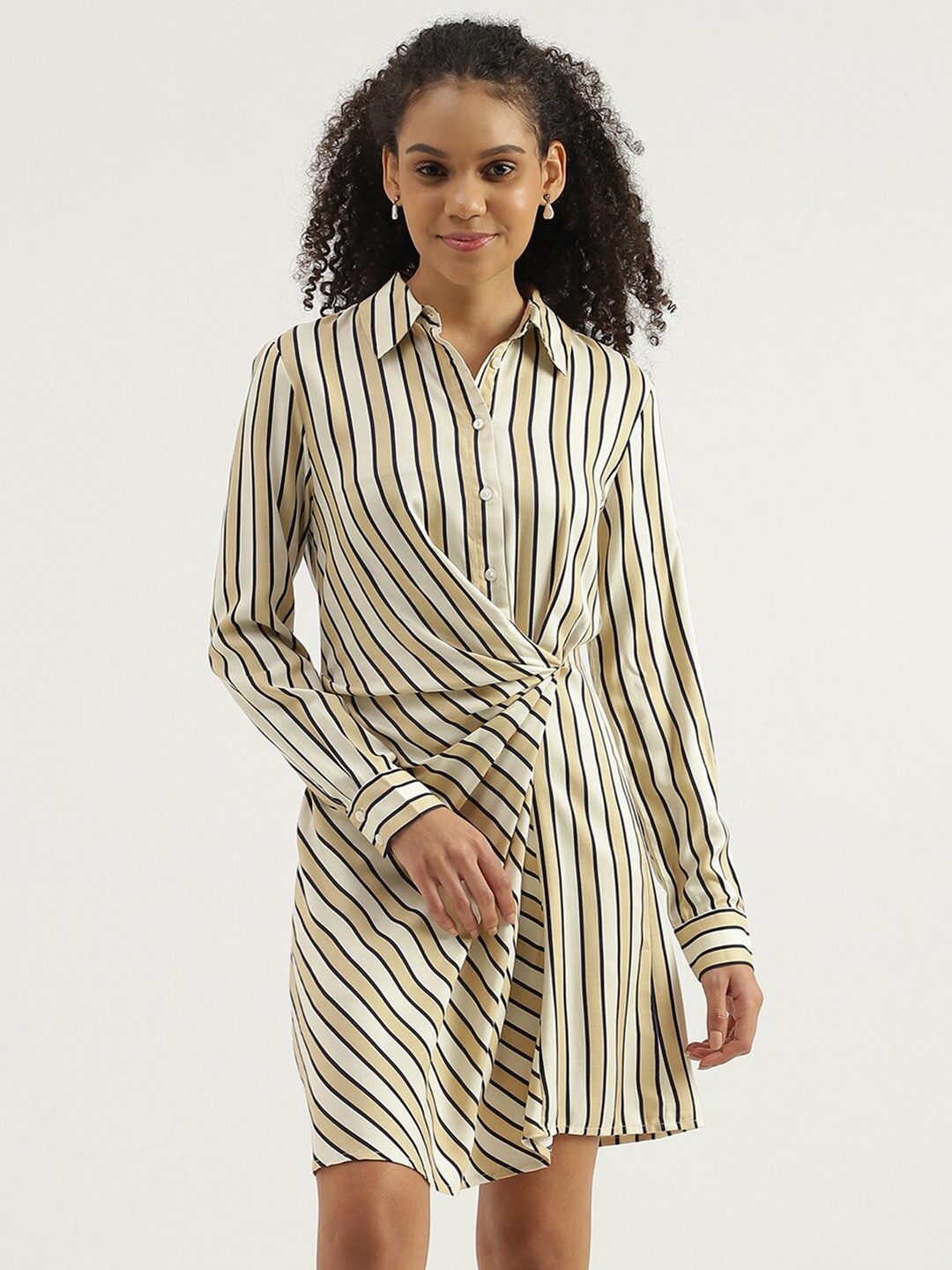 United Colors of Benetton Spread Collar Striped Shirt Dress, White
