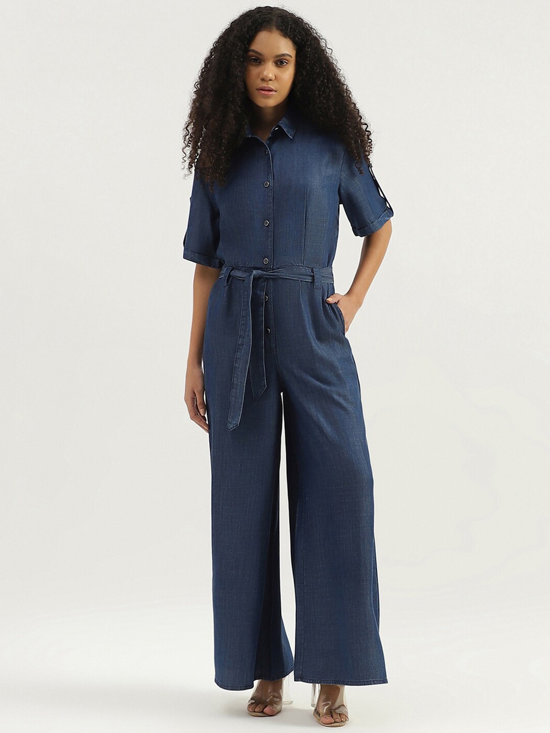 

United Colors of Benetton Shirt Collar Waist Tie-Ups Culotte Jumpsuit, Blue