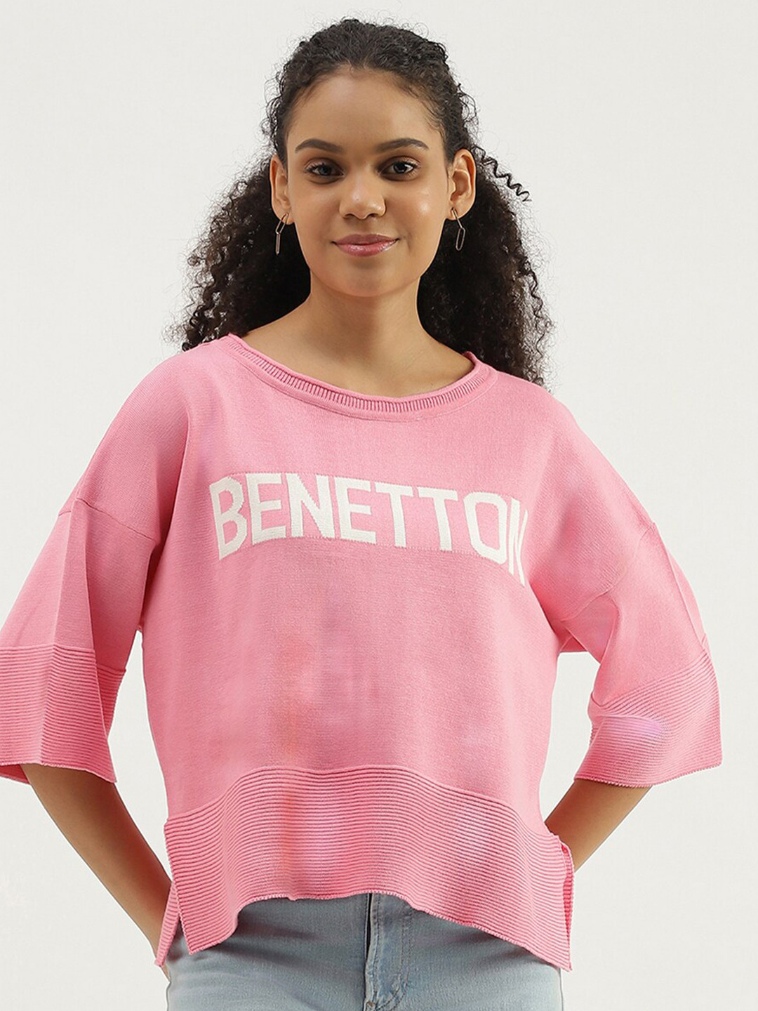 

United Colors of Benetton Self Design Drop Shoulder Sleeves Pure Cotton Boxy Top, Pink