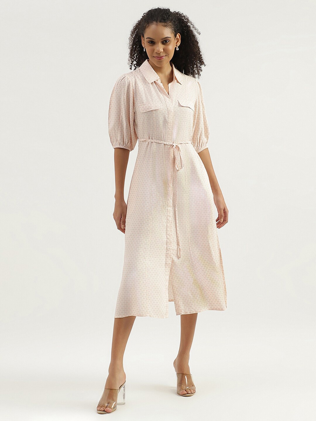 

United Colors of Benetton Spread Collar Shirt Midi Dress, Pink