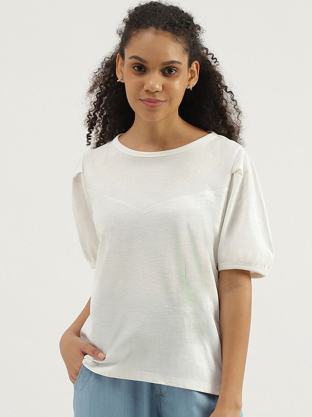 

United Colors of Benetton Puff Sleeves Pure Cotton Top, White