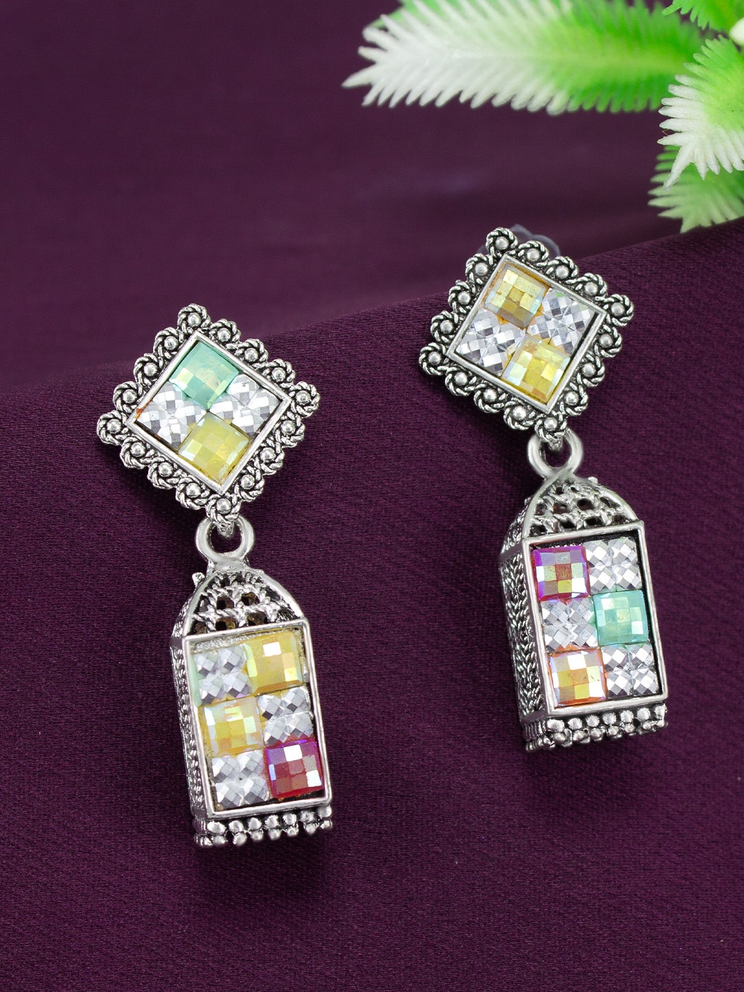 

PRIVIU Silver-Plated Square Jhumkas