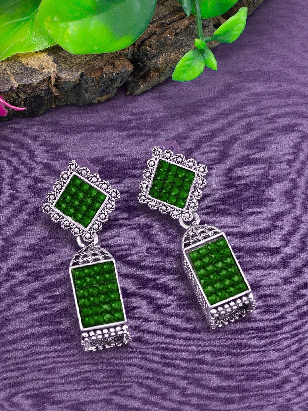 

PRIVIU Silver-Plated Square Jhumkas, Green
