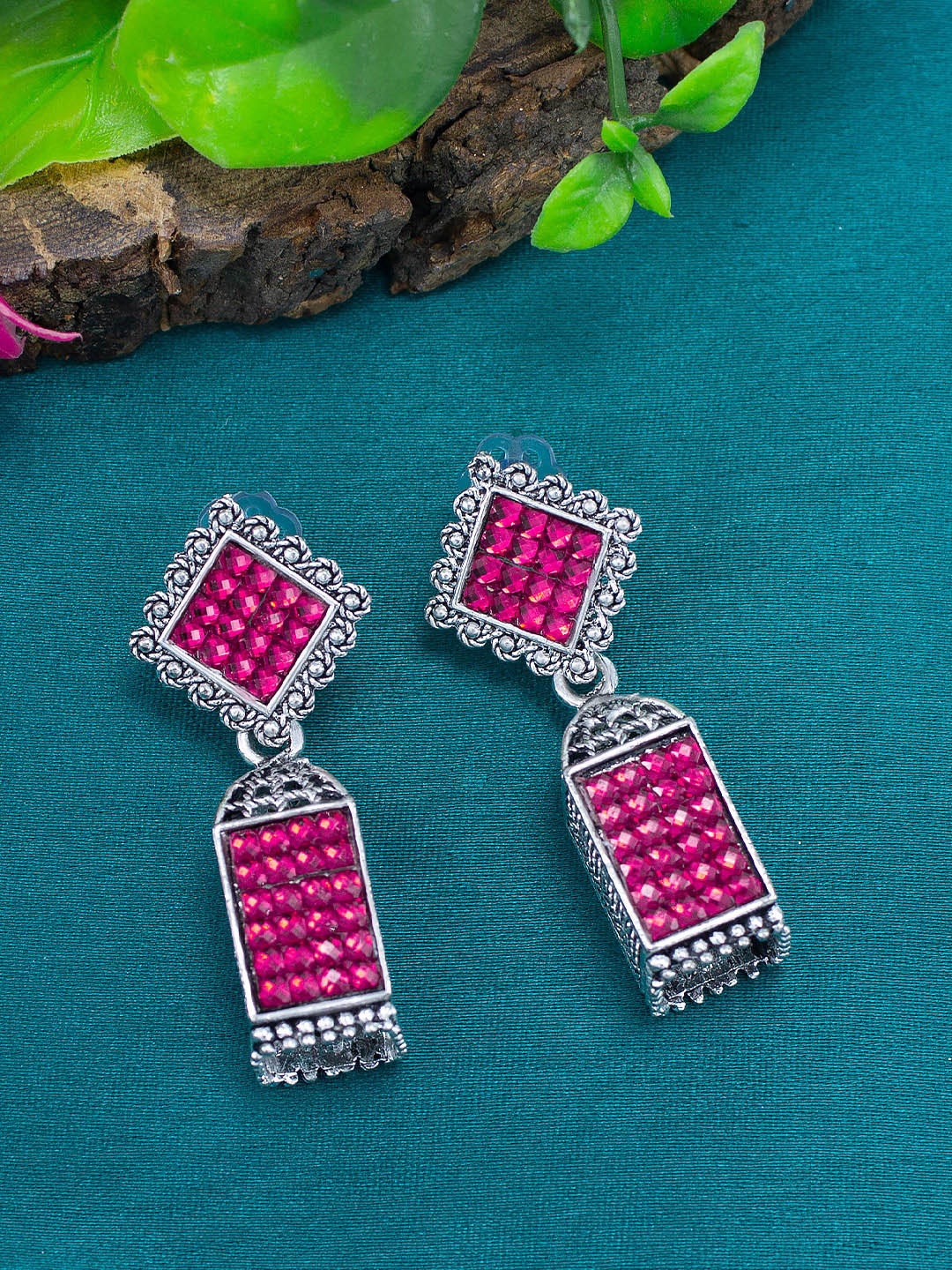

PRIVIU Silver-Plated Square Jhumkas, Pink