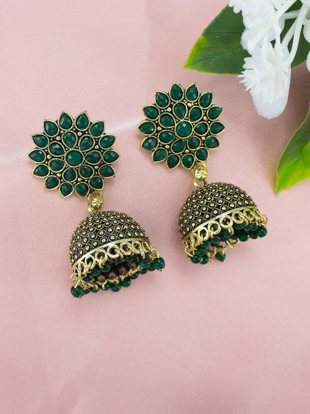 

PRIVIU Gold-Plated Floral Jhumkas, Green