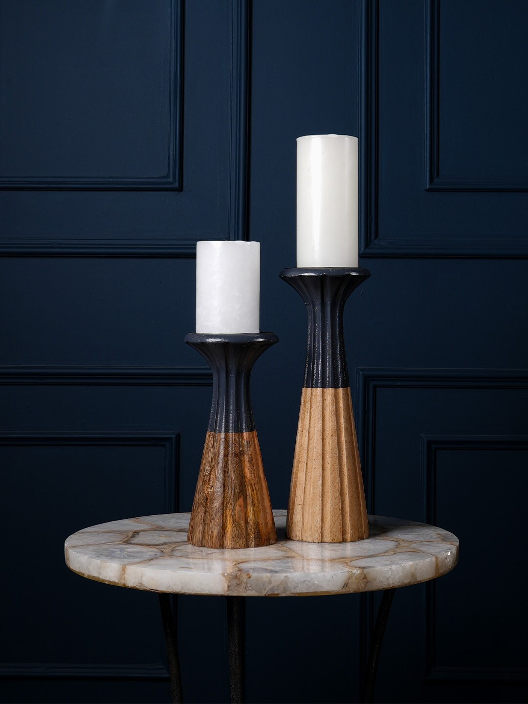 

Amora Beige & Dark Grey 2 Pieces Mangowood Candle Holders, Camel brown