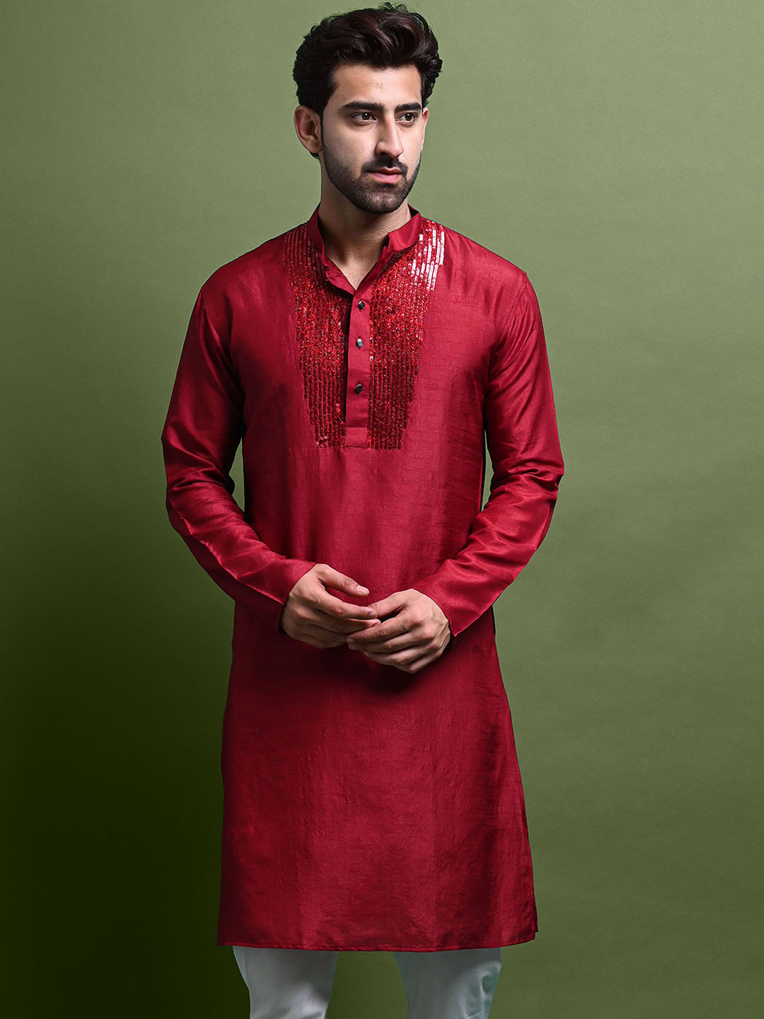 

VESHAM Embroidered Mandarin Collar Straight Kurta, Maroon
