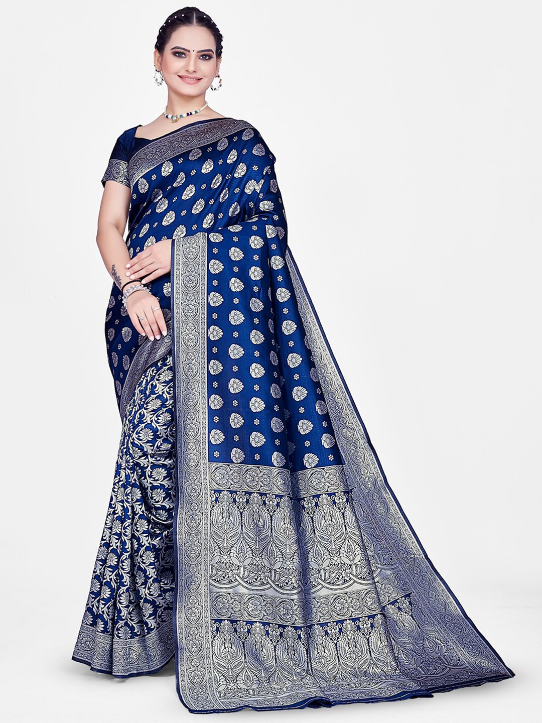 

HOMIGOZ Ethnic Motifs Woven Design Zari Banarasi Saree, Blue